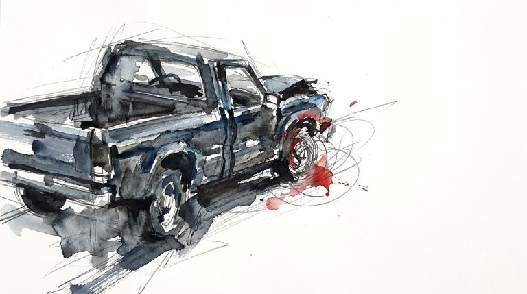 Flat, comic-style graphic: A red car zooms past a traffic signal into a dark, fractured space. Abstract jagged lines and a distressed silhouette inside imply a violent impact and injury. Thick borders frame the dangerous, urgent scene.