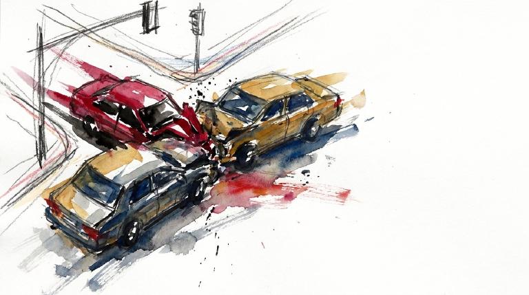 Abstract, flat graphic: Two simplified cars in muted tones appear to collide at an intersection, with jagged lines indicating impact. The clean, somber design conveys the seriousness of a traffic incident.