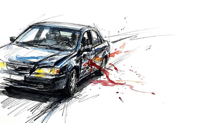 An abstract, flat graphic uses dark grays and stark reds to depict a road leading to a sharp, empty space, conveying sudden impact and loss. Jagged, comic-style borders frame the scene, emphasizing the severe consequences of unsafe speed.