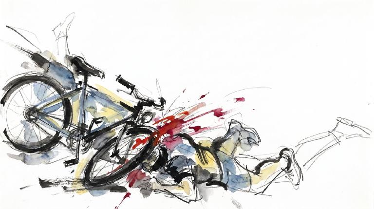 An abstract, flat graphic with thick comic-style borders frames two simplified figures. An e-bike rider and a pedestrian are shown in a stylized collision at an intersection. Muted colors convey a serious, cautionary tone.