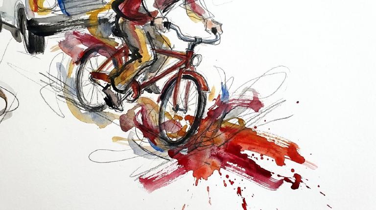 Abstract graphic with comic-style borders depicts a serious urban collision. A simplified bicyclist, head turned away, impacts a walking figure at a city intersection. The flat, muted colors and clean lines illustrate the incident with a somber, repo