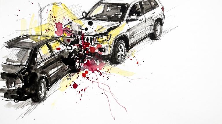 A flat, comic-style graphic depicts a red car having crashed into the back of a blue SUV on a simple street. A stark human silhouette stands nearby, representing injury. The urgent scene emphasizes the dangerous consequences of traffic incidents.