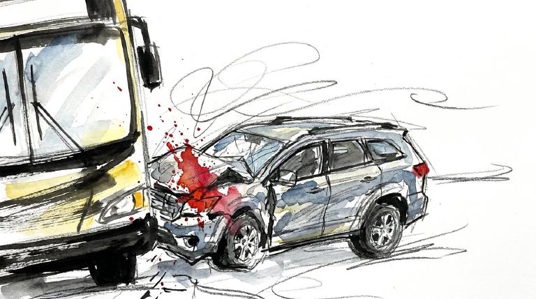 An abstract, flat graphic with comic-style borders. A yellow city bus makes a right turn, facing a grey parked SUV. Minimal lines suggest impact. The scene is clean, depicting a traffic incident with a direct, factual tone.