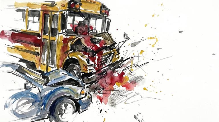 Within comic-style borders, an abstract, flat graphic illustrates a red car turning right and colliding into the side of a yellow school bus at an intersection. Simple shapes and bold lines convey the impact of the crash, providing a clear but styliz