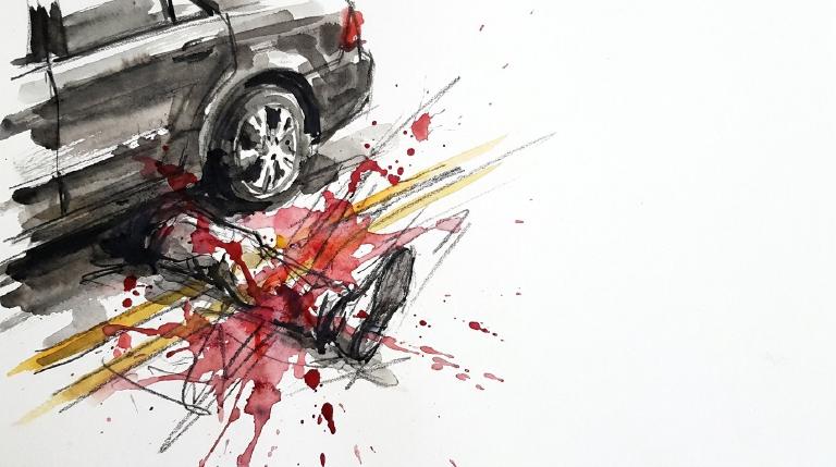 A flat, abstract graphic with comic-style borders. A simplified car is positioned behind and dangerously close to a human figure, conveying a serious road collision. Muted colors create a somber tone.