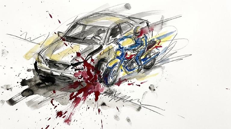 A flat, abstract graphic framed by a comic-style border. Simple grey car and red motorcycle shapes overlap in a stark collision scene at an intersection. The tone is serious and cautionary.