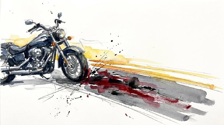 An abstract, flat graphic framed by comic-style borders. A simplified motorcycle icon is positioned very close to a larger vehicle outline, conveying the immediate danger of a close pass. The overall tone is stark and serious.