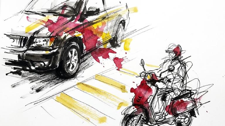 Abstract, flat graphic in comic-style borders: A yellow car turning left impacts a red e-scooter. A blue human silhouette is dislodged and lies nearby on the stark gray road.