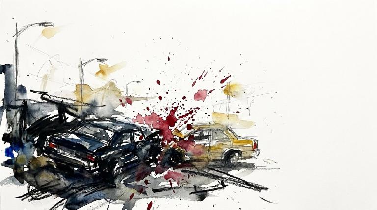 An abstract, flat graphic with comic-style borders. It shows two minimalist car shapes in a collision on a dark, urban street, suggesting a nighttime crash. The visual tone is somber, reflecting a serious traffic incident.