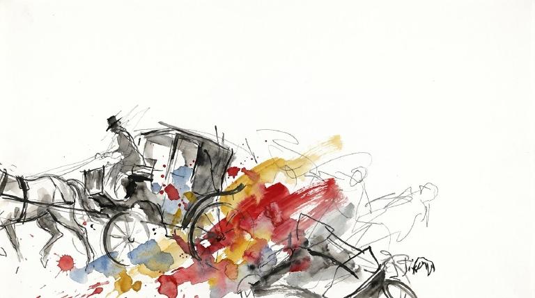 An abstract, flat graphic with comic-style borders shows a driverless horse-drawn carriage. A human figure is depicted separate from the carriage, conveying an 18-year-old tourist being thrown. The tone is respectful and somber.