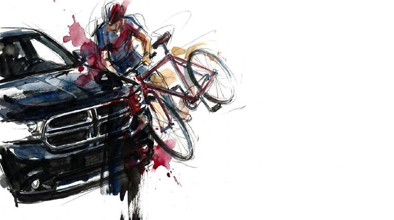 Abstract, flat graphic with comic-style borders. A dark SUV departs from a fallen cyclist on a city street at night. The scene is stark and somber, depicting a hit-and-run.