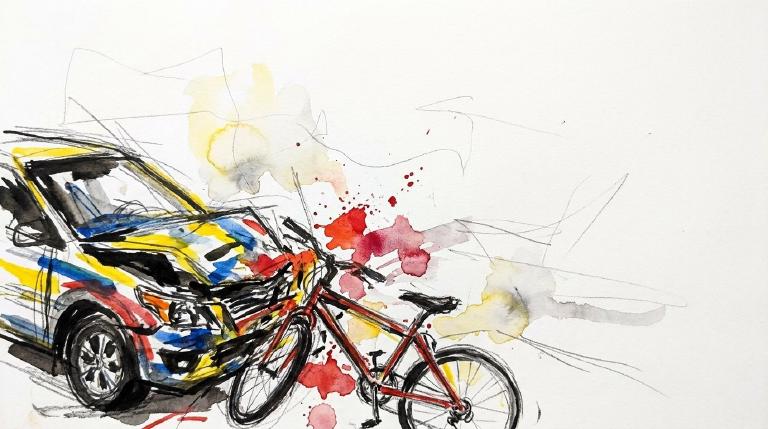 Abstract graphic with bold comic-style borders. Flat icons show a car colliding with a bicycle and person. A prominent red X marks the crash spot, surrounded by a target symbol indicating a hotspot. The tone is stark and urgent.