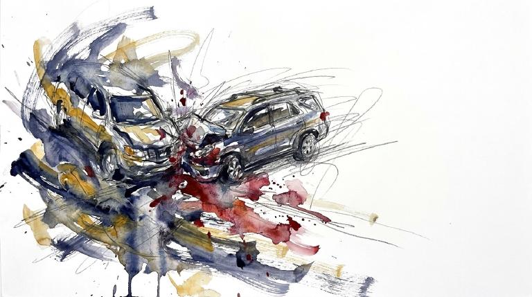 Flat, abstract graphic showing two simple car shapes colliding at an intersection, with stylized lines indicating impact. The clear, direct scene is framed by a bold, comic-style border.