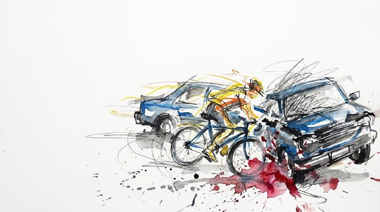 Abstract graphic in bold comic-style borders. A simplified yellow car and green e-bike converge on a grey intersection, with red arrows highlighting a point of conflict or confusion.