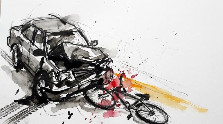 An abstract, flat graphic depicts a simplified car colliding with a cyclist at an intersection. The image, framed by a distinct comic-style border, conveys a serious and cautionary tone.