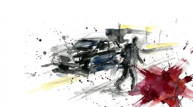 A flat, abstract graphic with comic-style borders depicts a stylized car hitting a person icon at a street intersection. The stark visual emphasizes the serious, urgent need for pedestrian safety.