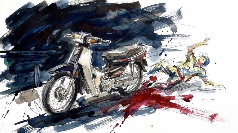 Abstract, flat graphic with comic-style borders. Shapes depict a moped with two riders on a jetty. One rider is shown detached, conveying the moped losing control and a passenger being thrown. A respectful, non-graphic scene.