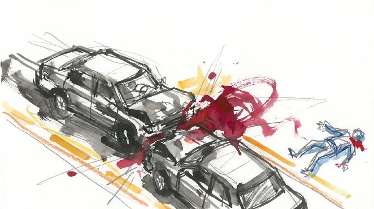 Abstract graphic with comic-style borders. Two simplified cars collide on a flat urban street in Crown Heights. A lone pedestrian figure is shown caught in the chain-reaction collision, conveying a somber, non-graphic scene.