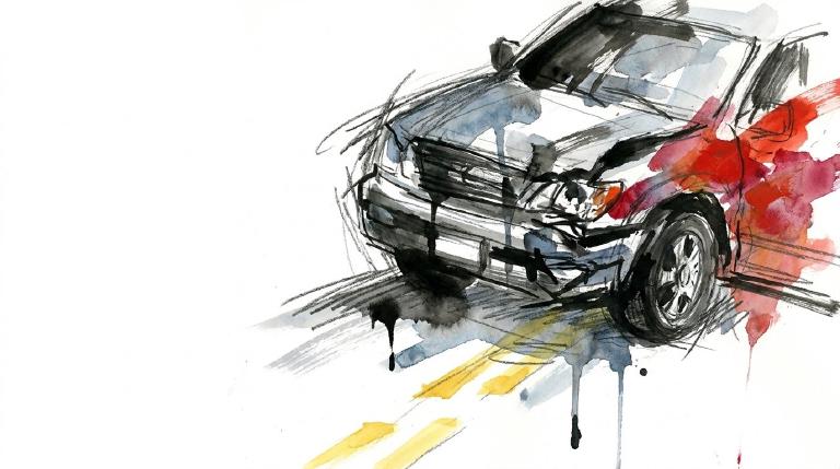 Abstract, flat graphic: Two simplified cars appear to swerve dangerously on a street, framed by jagged, comic-style borders. The urgent image conveys aggressive driving and the risk of injury.