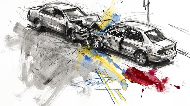 Abstract graphic: Two simple cars depicted post-collision at an intersection, with a stylized alcohol bottle nearby. Muted colors and stark lines create a somber, cautionary tone. Comic-style borders frame the grim scene.