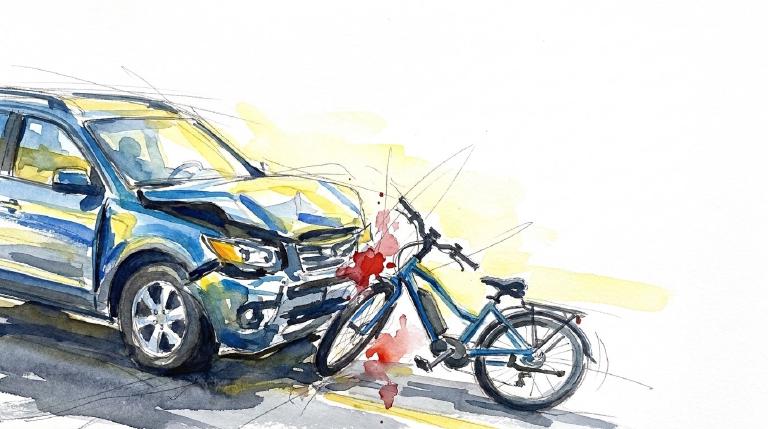 A stark, abstract graphic with bold comic-style borders. A simplified grey SUV-like shape collides with a smaller yellow e-bike shape at an intersection, marked by impact lines. The tone is serious, depicting a critical road incident.