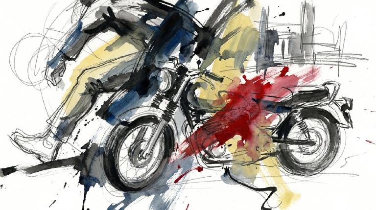 Abstract flat graphic. Stark red and black geometric shapes on a road segment, framed by thick, comic-style borders, convey urgent danger and impact. The scene has a serious tone about road safety.
