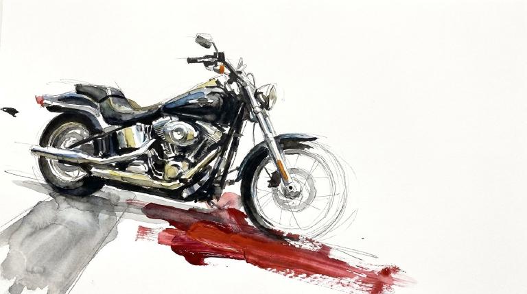 Abstract, flat graphic with comic-style borders shows a motorcycle on a stylized parkway. A rider figure is depicted separated from the motorcycle, striking a concrete median.