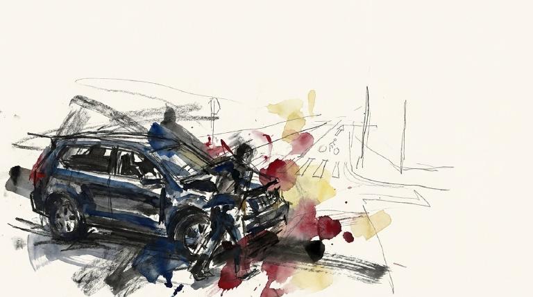 Abstract, flat graphic with comic-style borders. A dark SUV moves north on a Queens street, past a woman standing in a bike lane. The scene, depicting a fatal incident, has a somber and respectful tone.