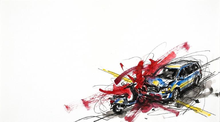 Abstract, flat graphic with comic-style borders. On a muted road, simple figures of a scooter rider and a minivan move in the same direction. Abstract shapes and lines convey the profound impact of the minivan striking the scooter rider.
