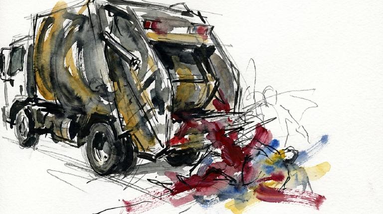 Abstract, flat graphic with comic-style borders. A stylized garbage truck backs toward a building. A simplified figure is depicted in its path, conveying a somber scene of a man being fatally run over. Respectful tone.