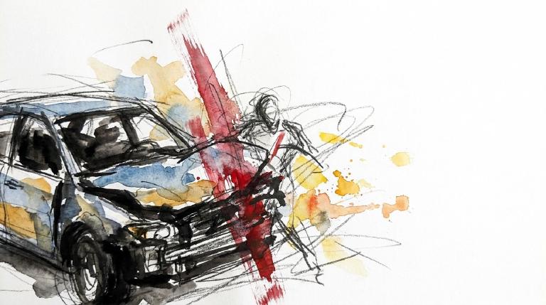 Abstract, flat graphic with comic-style borders. A single Jeep Grand Cherokee is depicted in a respectful, non-graphic scene, representing a fatal crash on the Prospect Expressway. Somber tone.