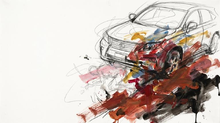 Flat, abstract graphic with heavy comic-style borders. A simplified black car encroaches on a gray sidewalk, near a featureless human figure. Stark contrast and muted colors convey a somber, cautionary tone about pedestrian safety.