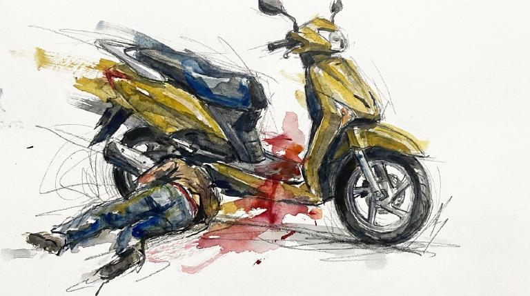 A respectful, abstract, flat graphic with comic borders shows a moped striking an elderly pedestrian, Zhuo Xie, in a Brooklyn intersection. The moped rider then leaves the scene.