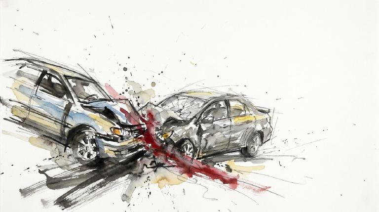 An abstract, flat graphic, framed by comic-style borders. On a road, two simplified grey sedans are depicted: one, appearing stationary, has been rear-ended by the other. A stark, minimal scene of a morning collision.
