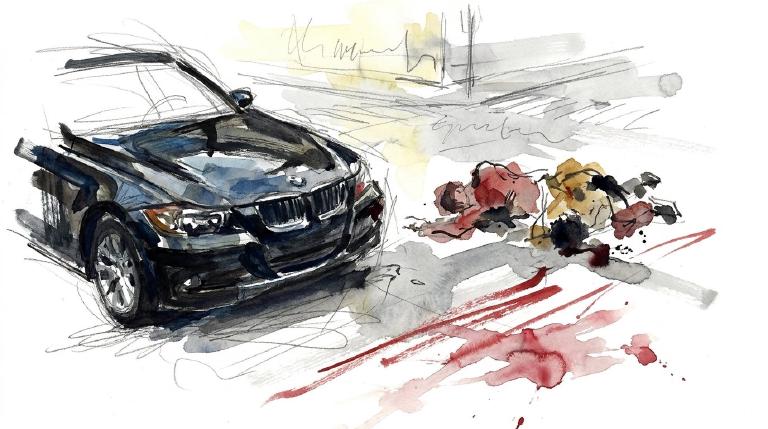 Abstract, flat graphic with comic-style borders. A dark sedan, indicated by simple lines, moves through an intersection. Two stylized figures are depicted near the sedan, conveying a somber and tragic collision. The scene uses minimal forms to create