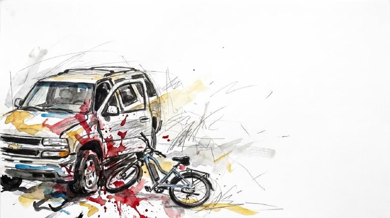 An abstract, flat graphic, framed by comic-style borders. An e-bike rider merges from a bike lane, hitting the driver's side door of a Chevrolet Tahoe and falling. The respectful illustration depicts the fatal impact.