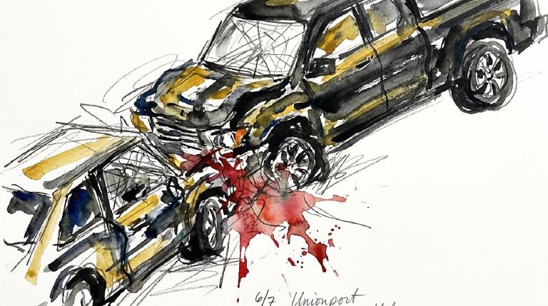Abstract, flat graphic with thick, comic-style borders. Muted, geometric shapes depict a stark scene of impact on a road. The tone is somber and urgent, highlighting the severe consequences of traffic incidents.