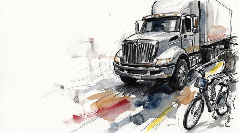 An abstract, flat graphic depicts a street intersection. A large commercial truck is shown turning right, colliding with a small electric Citi Bike carrying two figures. The scene uses simple shapes and a somber tone to respectfully represent a fatal